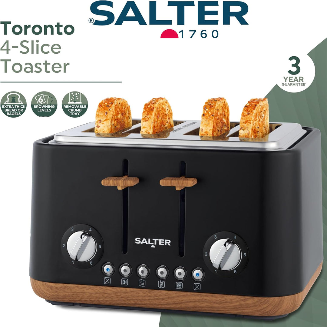 SALTER Toronto 4-Scheiben-Toaster – Breite Schlitze, 6 Bräunungsstufen, herausnehmbare Krümelschubla