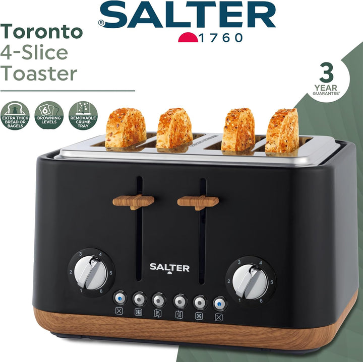 SALTER Toronto 4-Scheiben-Toaster – Breite Schlitze, 6 Bräunungsstufen, herausnehmbare Krümelschubla