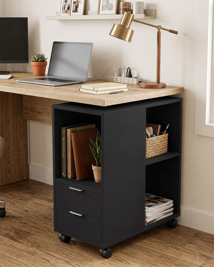 Rollcontainer Aktenschrank, Büro Schubladenschrank Untertisch, Schwarz Schwarz Holz, Schwarz Holz