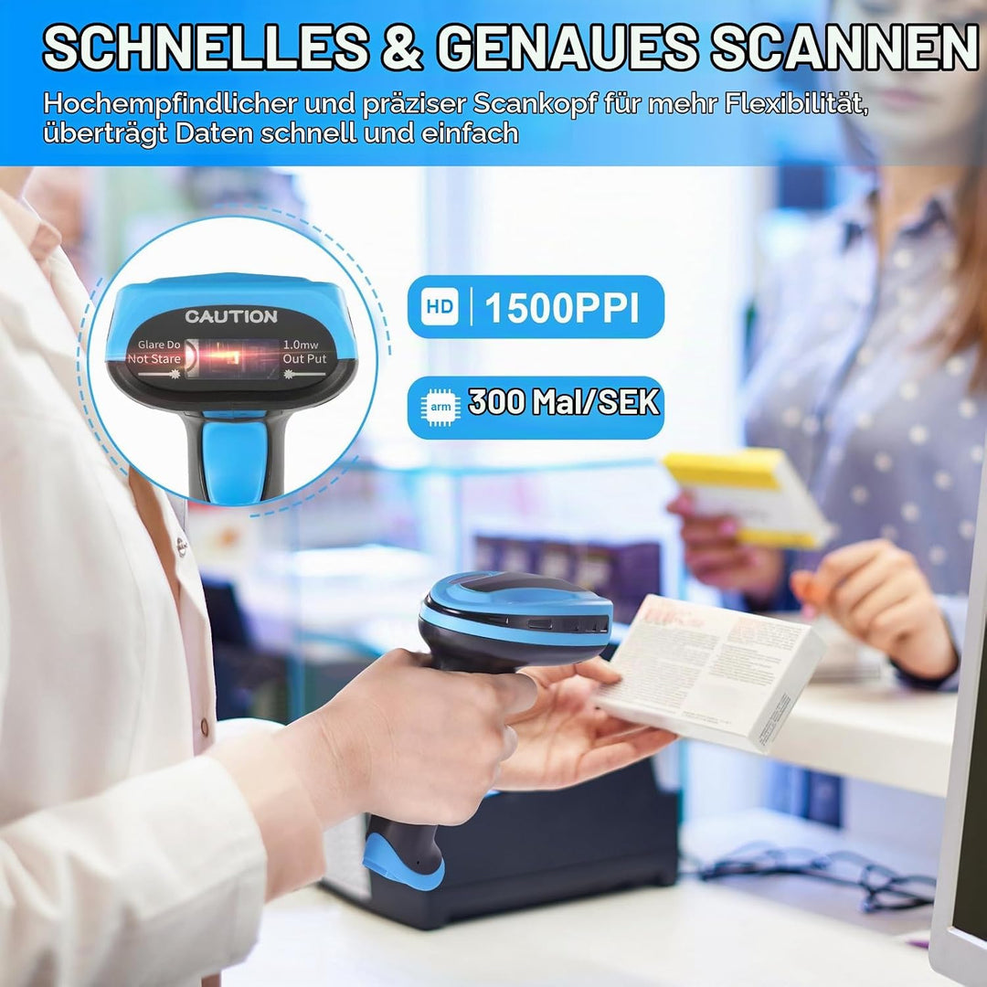 Barcode Scanner Wireless, Wiederaufladbare 1D Laser Kabelloser Scanner, Handscanner Kabellos Vielsei