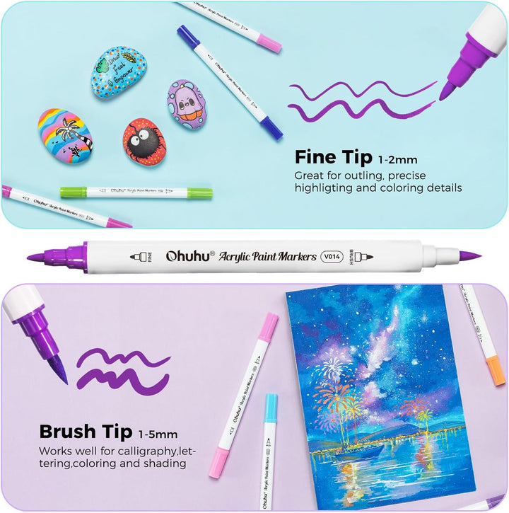 Ohuhu Acrylstifte, 36 Farben Acrylic Marker mit feiner und Pinselspitze(Doppelspitze) - Wasserfest,