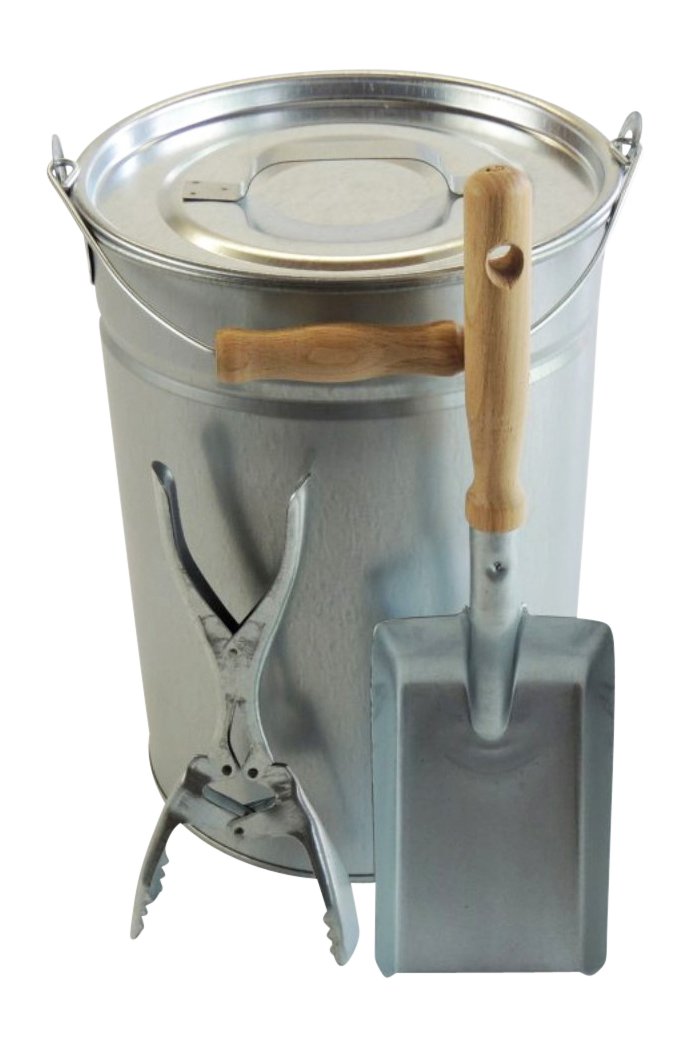Ascheeimer mit Deckel 14l + Kohleschaufel Holzgriff + Brikettzange