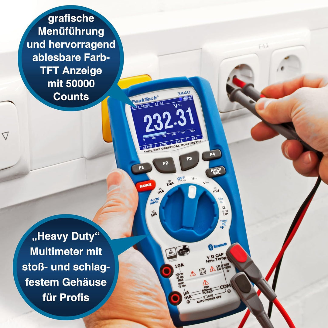 PeakTech 3440 Multimeter digital + 4.0 Bluetooth & Grafik-Display [3 Jahre Garantie] 50000 Counts, P