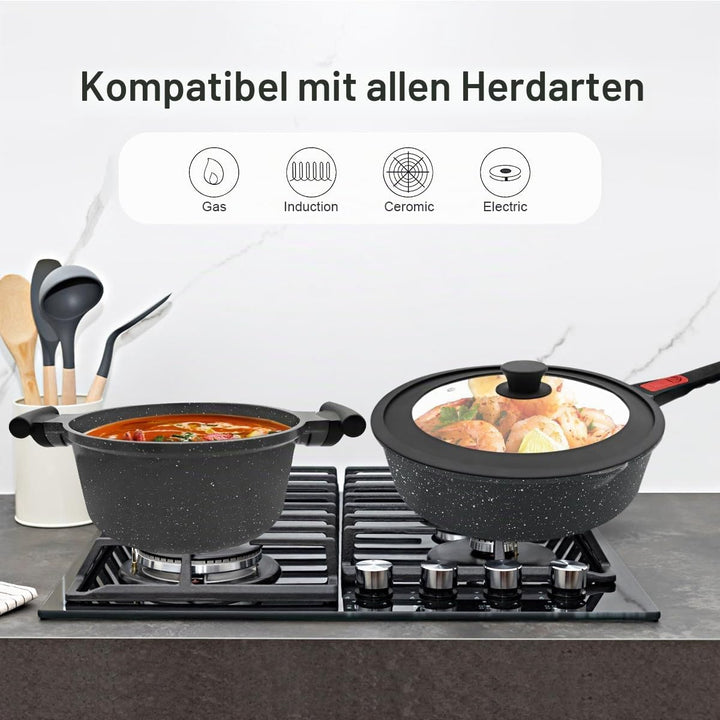 Topf und Pfannenset 10-Teilig, Pfanne mit Deckel 20cm, 24cm, 28cm, Stielkasserolle 18cm+ Dampfer, To