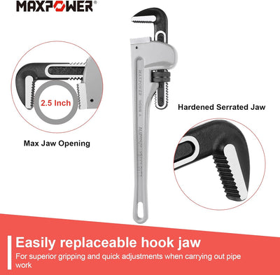 MAXPOWER-Rohrzange 450mm (18 Zoll) Öffnungskapazität 63 mm (2.5 Zoll) Aluminium-Rohrzange Langlebige