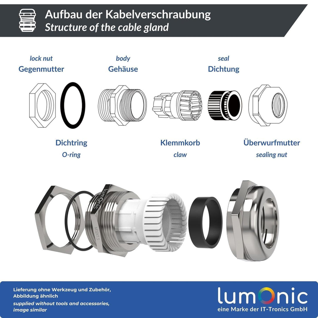 Lumonic 5er Set Kabelverschraubung Metall M32 | Klemmbereich 15-22mm | IP68 | mit Gegenmutter | Mess