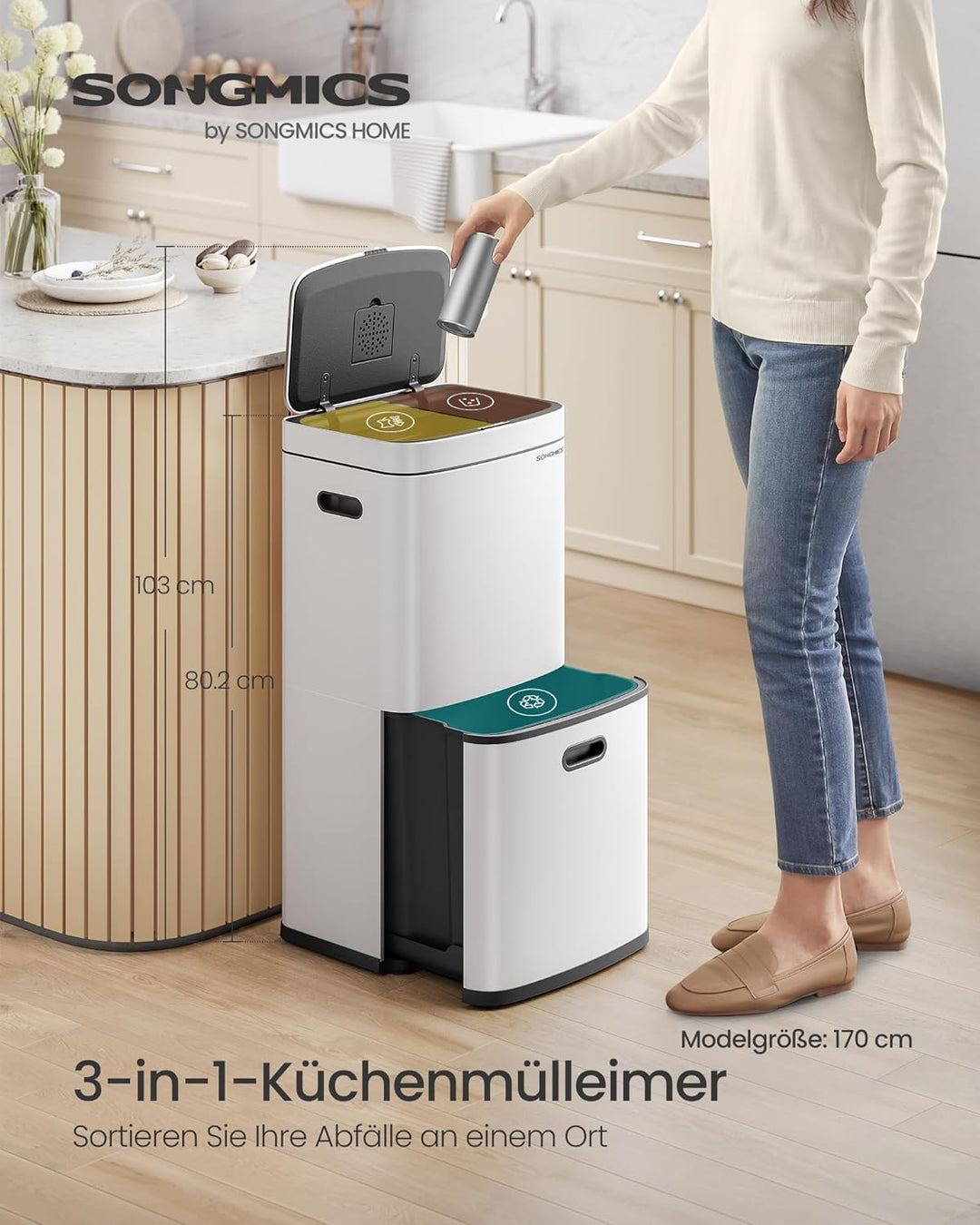 SONGMICS Mülleimer Küche, Mülltrennsystem 3 Fächer, 2 x 10 L und 30 L, Abfalleimer aus Stahl, platzs