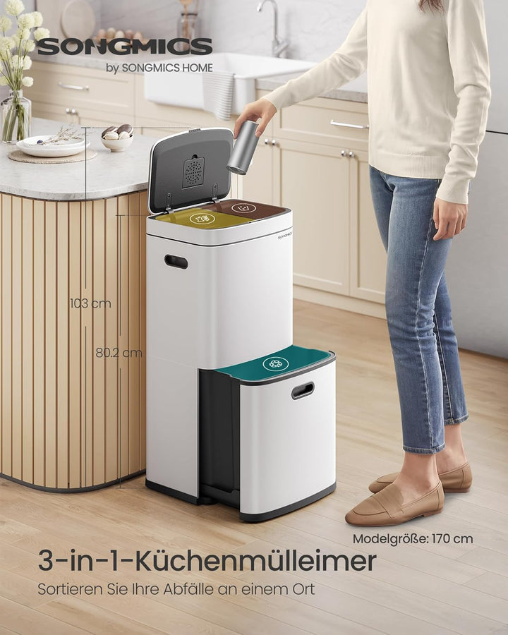 SONGMICS Mülleimer Küche, Mülltrennsystem 3 Fächer, 2 x 10 L und 30 L, Abfalleimer aus Stahl, platzs