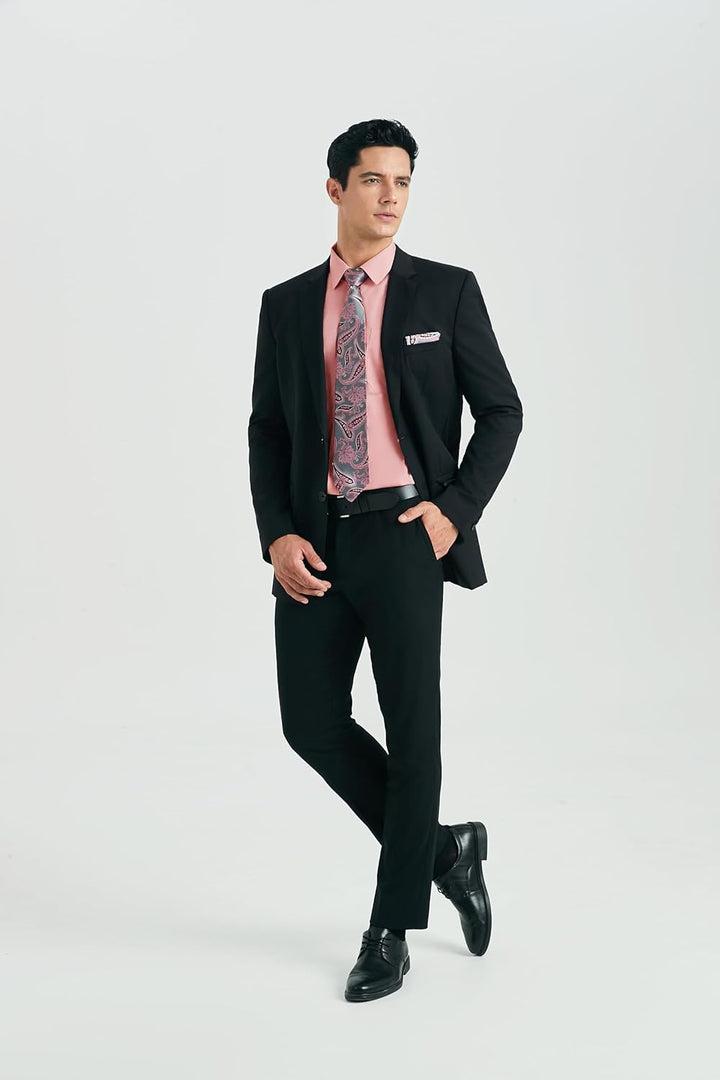 HISDERN Herren Hemd Langarm Einfarbige Hemden mit Krawatte und Taschentuch Formelle Businesshemd Hoc