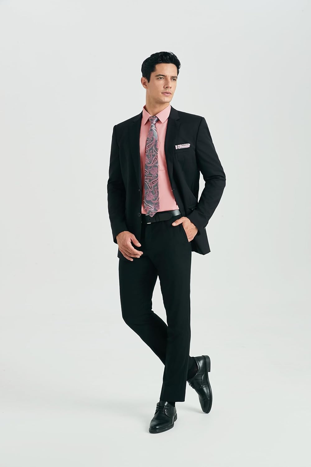 HISDERN Herren Hemd Langarm Einfarbige Hemden mit Krawatte und Taschentuch Formelle Businesshemd Hoc
