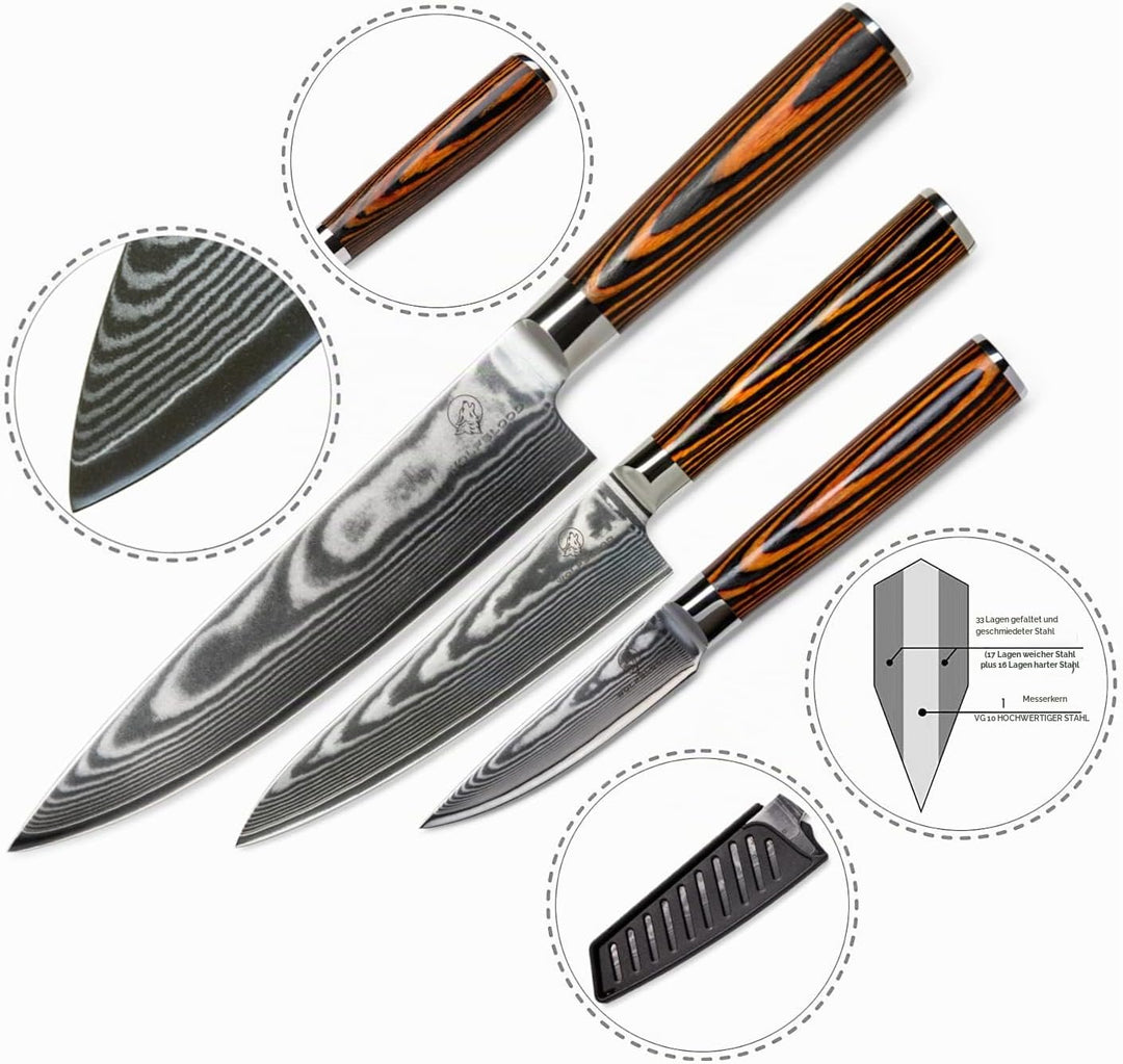 Wolfblood Damastmesser-Set 3er (32cm, 26cm und 20cm) Profi-Damast-Küchenmesser Set aus 67 Lagen Dama