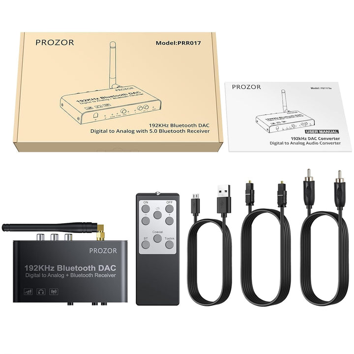 PROZOR DAC Konverter 192kHz Eingebauter Bluetooth V5.0 Empfänger Digital zu Analog Stereo L/R RCA 3.