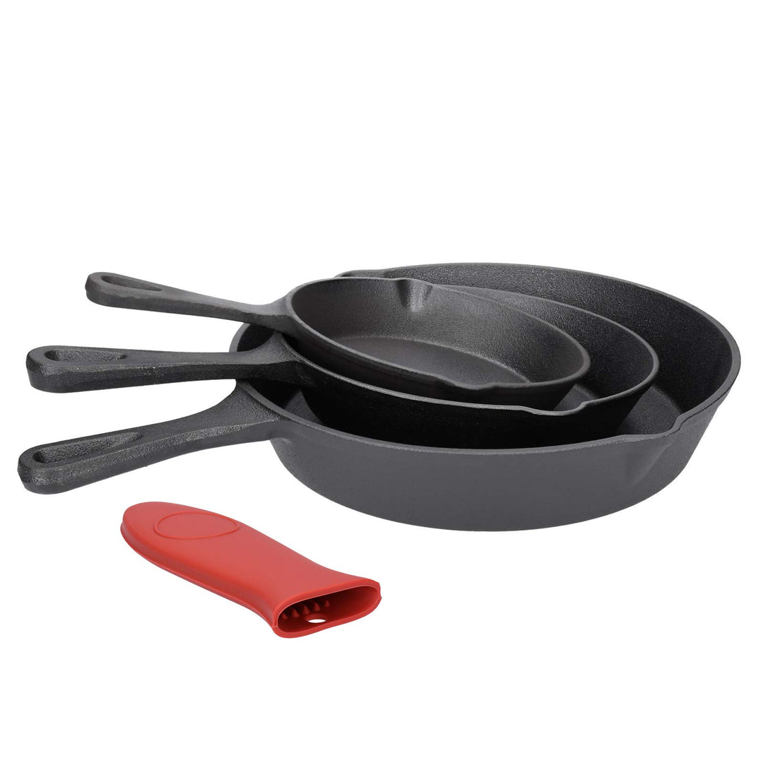 BBQ Pfannen-Set aus Gusseisen, 4-teilig, runde Servier- und Bratpfannen in 3 Grössen, mit Ausgiessmu