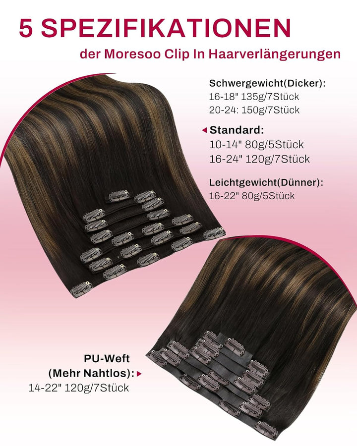 Moresoo Clip in Extensions Echthaar Balayage Braun Haarverlängerung Echthaar Clip Extensions Echthaa