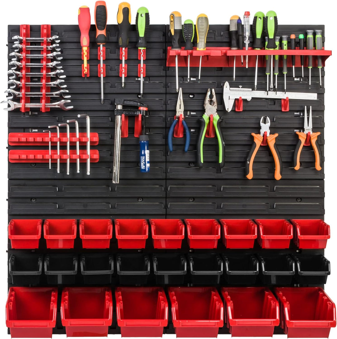 Lagersystem Werkstattregal | 78 x78 cm | 24 stck. Box | Wandregal mit Werkzeughalterungen und Stapel