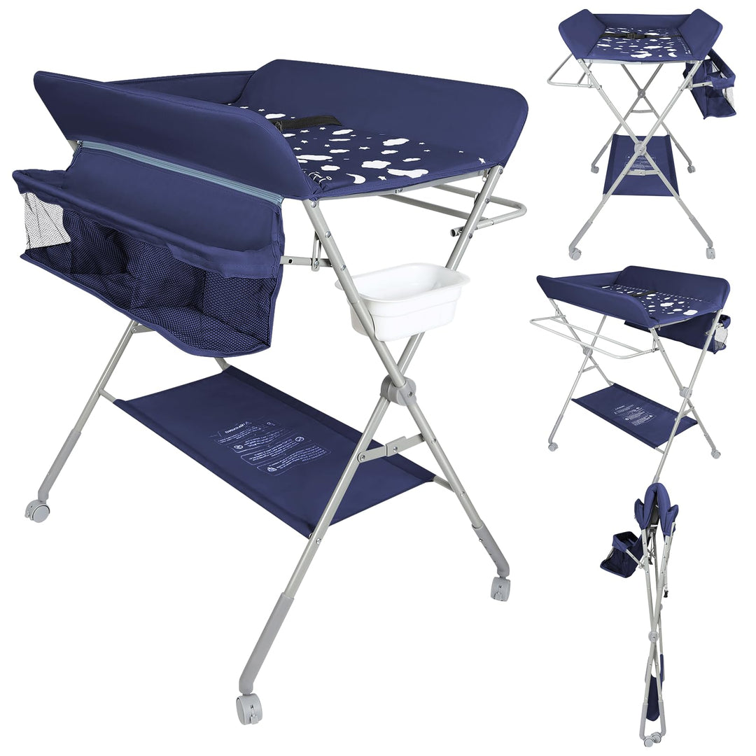 OHMG Baby Wickelkombi Klappbare Wickelkommode,Wickeltisch mit Rollen,Mobiler Wickeltisch mit Wickela