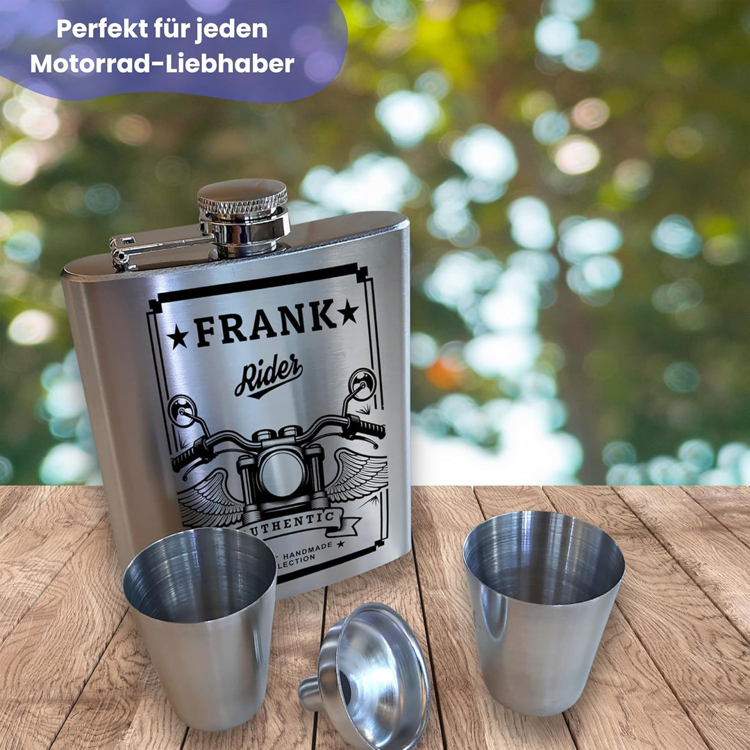 Edelstahl Flachmann mit Gravur Motorrad personalisiert mit Name 170 ml 4 Motive zur Auswahl für Moto