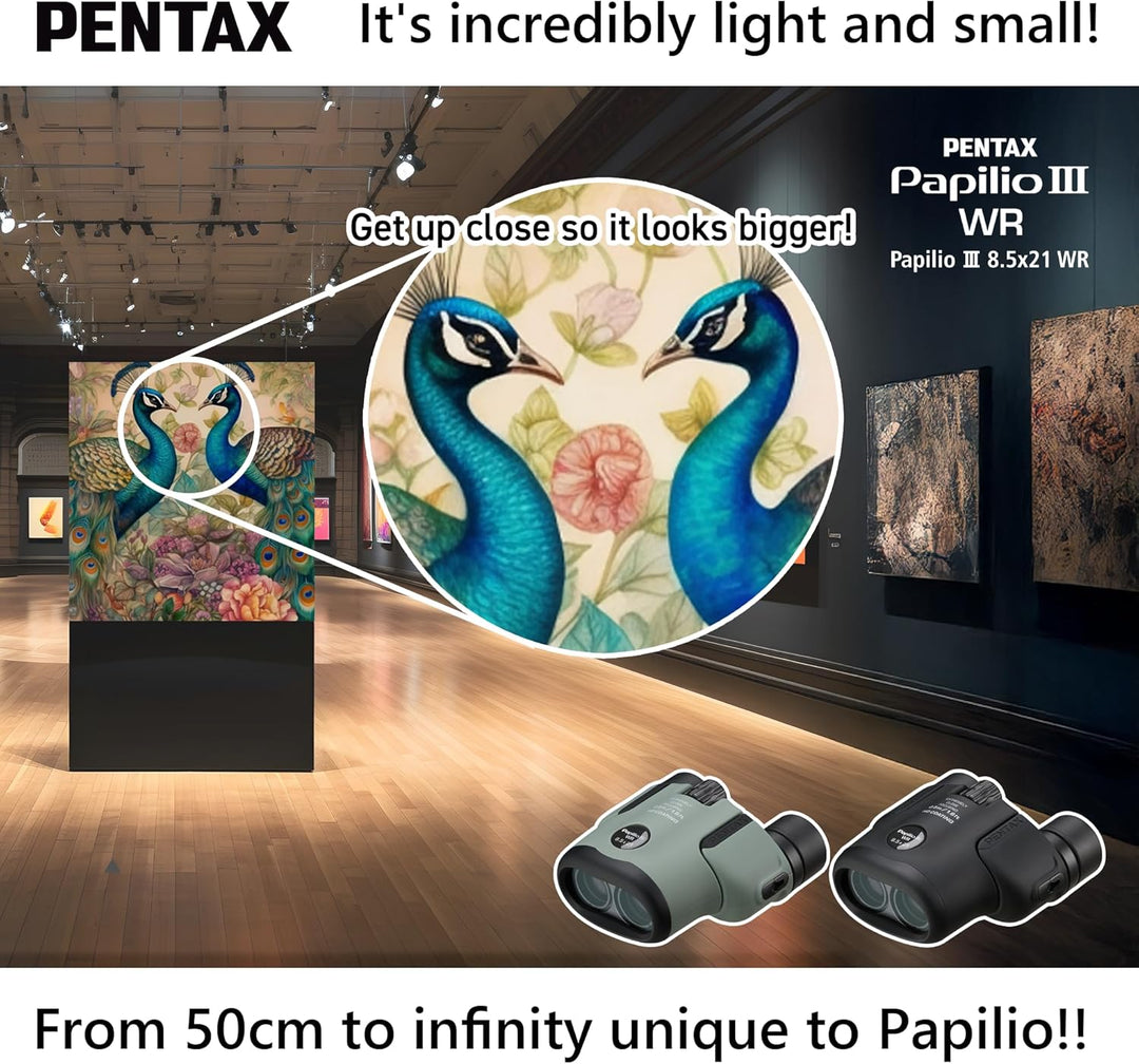 Pentax Papilio III Fernglas, 8,5 x 21, wetterfest, Schwarz, Fokus 50 cm, spritzwassergeschützt, Muse