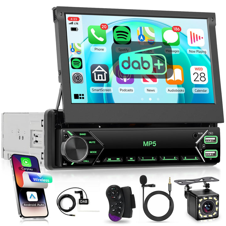 DAB+/DAB Autoradio 1 Din mit Wireless Carplay Android Auto 7 Zoll Automatisch Einziehbarer Bildschir