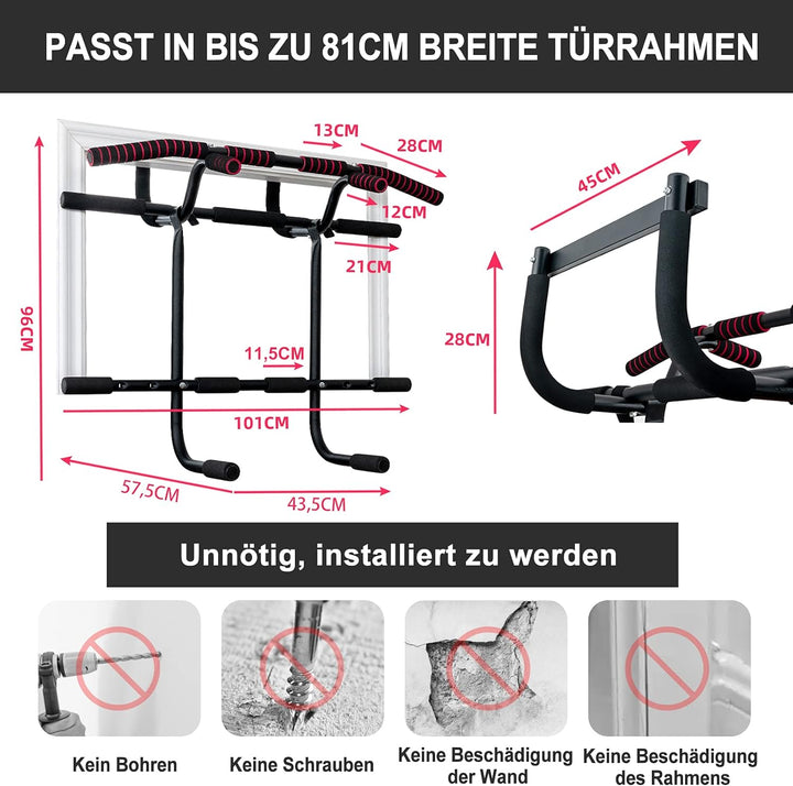 COSTWAY Klimmzugstange für den Türrahmen ohne Bohren, Pull Up Bar mit Reckstange und Zugseil, Dip Ba
