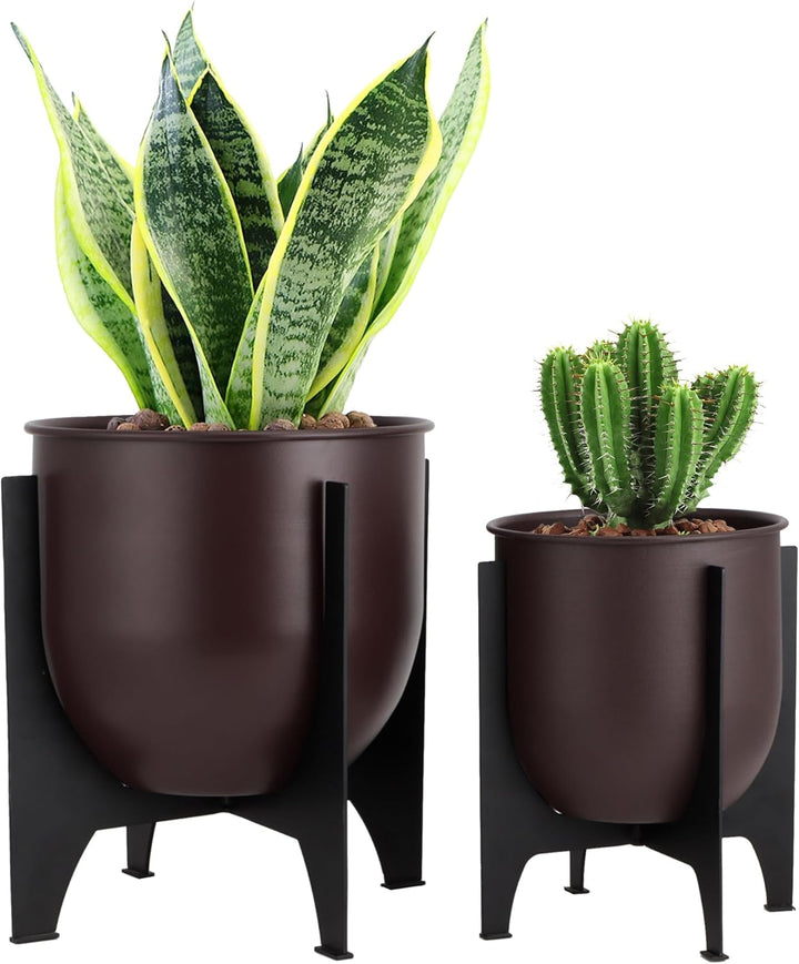 TRIROCKS 2er Set Blumentöpfe mit Metallständer 28/22cm Modern Indoor & Outdoor Pflanzgefässe für Woh