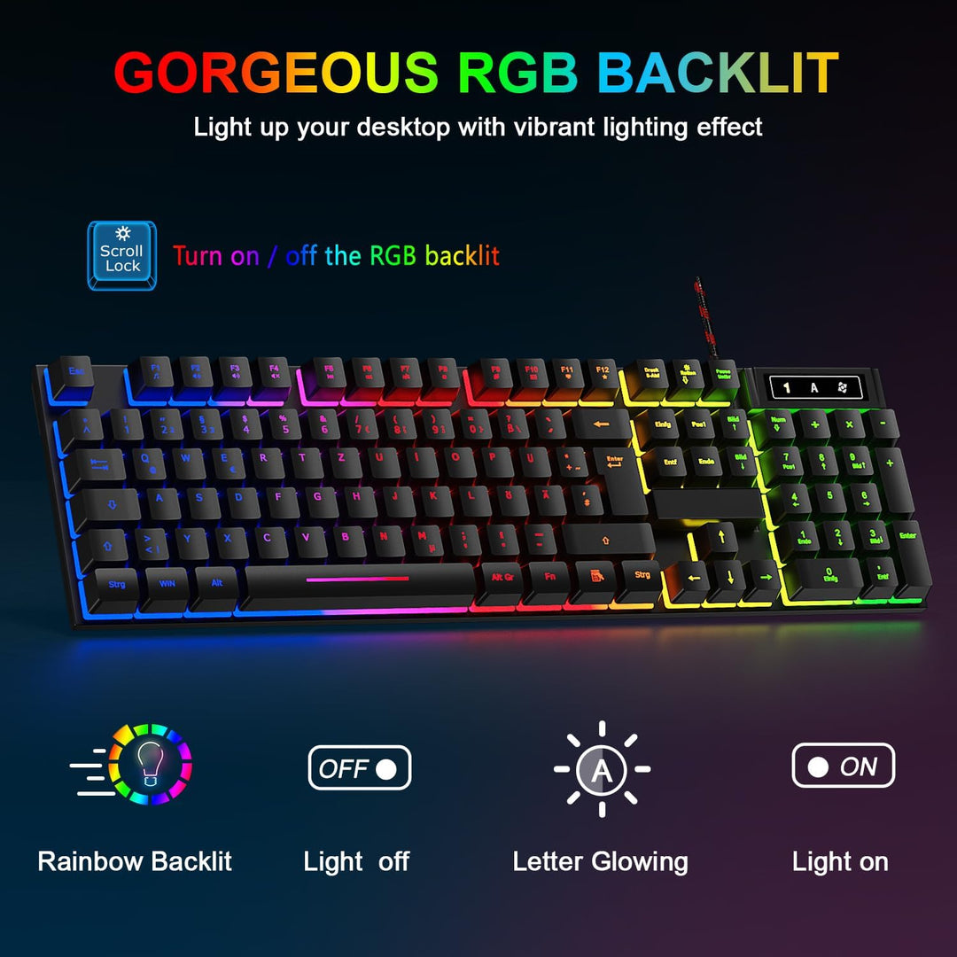 Gaming Tastatur und Maus Set, QWERTZ DE Layout, RGB Hintergrundbeleuchtete Kabelgebundene Tastatur,