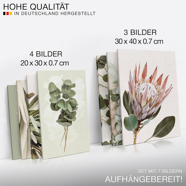 Novart Wandbilder Grün Blätter - KOMPLETT AUFHÄNGFERTIG - Boho Beige Wohnzimmer Schlafzimmer- 7 Mode