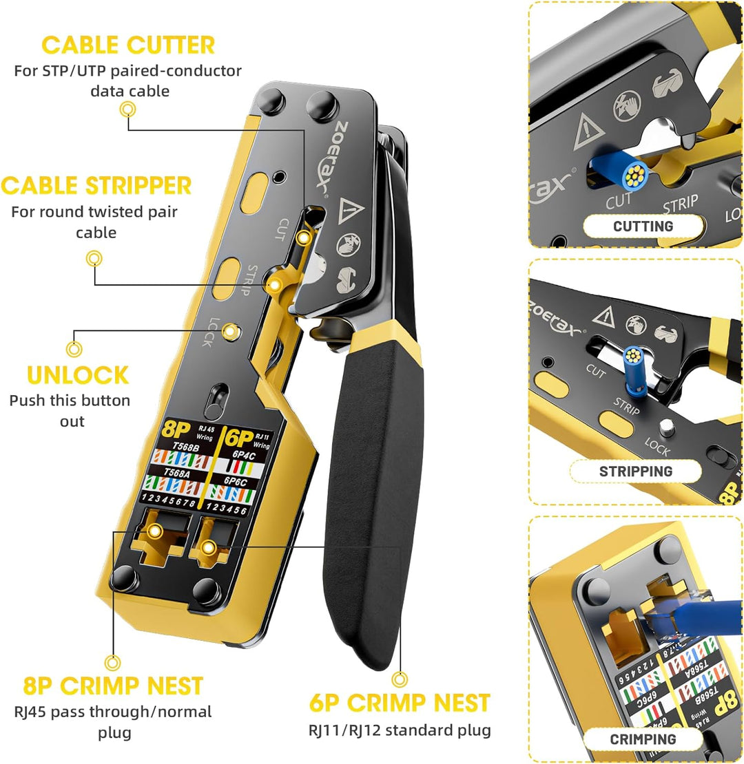 RJ45 Crimpzange Ethernet Crimp Tool Crimper für RJ11/RJ12 Standard, RJ45 Pass Through Stecker, Gelb