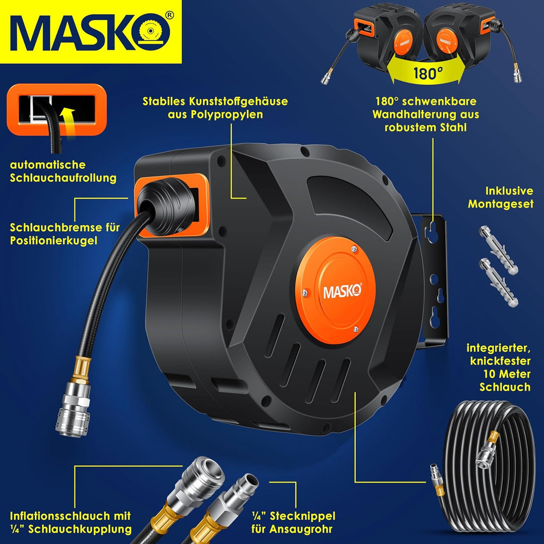 MASKO® Automatik Druckluftschlauch Aufroller 10m – Schlauchtrommel mit 1/4" Anschluss, Schlauchaufro