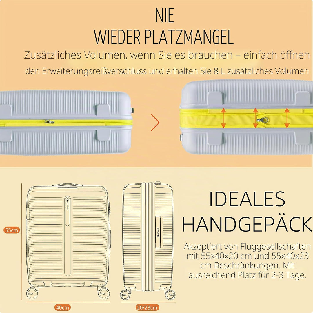 Eminent Finno Handgepäck Koffer 55x40x20 cm, Erweiterbar, Hartschalenkoffer, 4 Rollen, Leicht, TSA S