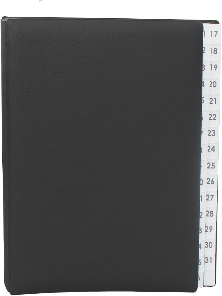 Pultordner mit Register 1-31, genarbtes Vollrindleder in Schwarz, passend für DIN A4, Softcover mit