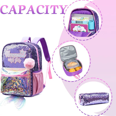 HTgroce Lila Meerjungfrau Schulrucksack Set 3 Teilig, Schultasche ab 3. Klasse, Grundschule Ranzen,