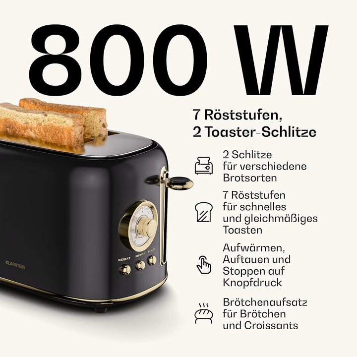 Klarstein Victoria Toaster Wasserkocher Set, Retro Design, 2 Scheiben Toaster mit 7 Bräunungsstufen