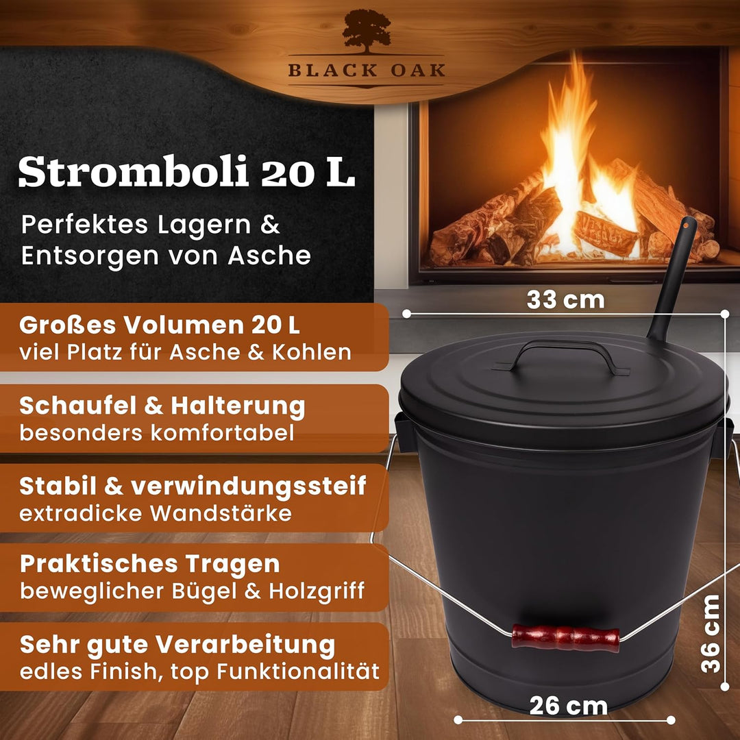 BLACK OAK Ascheeimer Stromboli 20L – schwarz mit Deckel & Schaufel - Bügel Silber - gross 20 Liter S