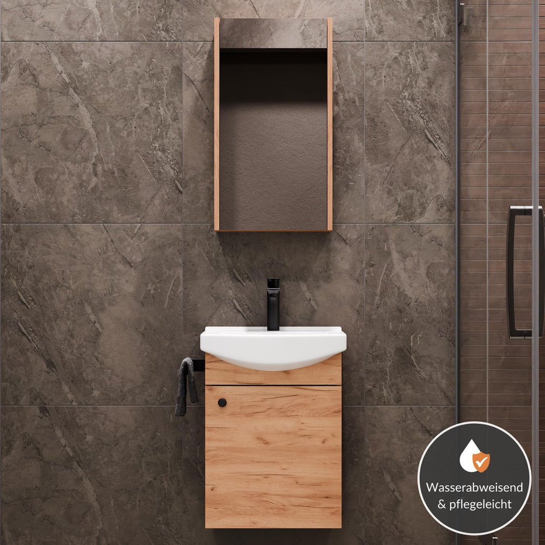 Planetmöbel Badmöbel Set aus Waschtisch + Waschbecken + Spiegelschrank, Gäste Bad WC, Farbe Gold Eic