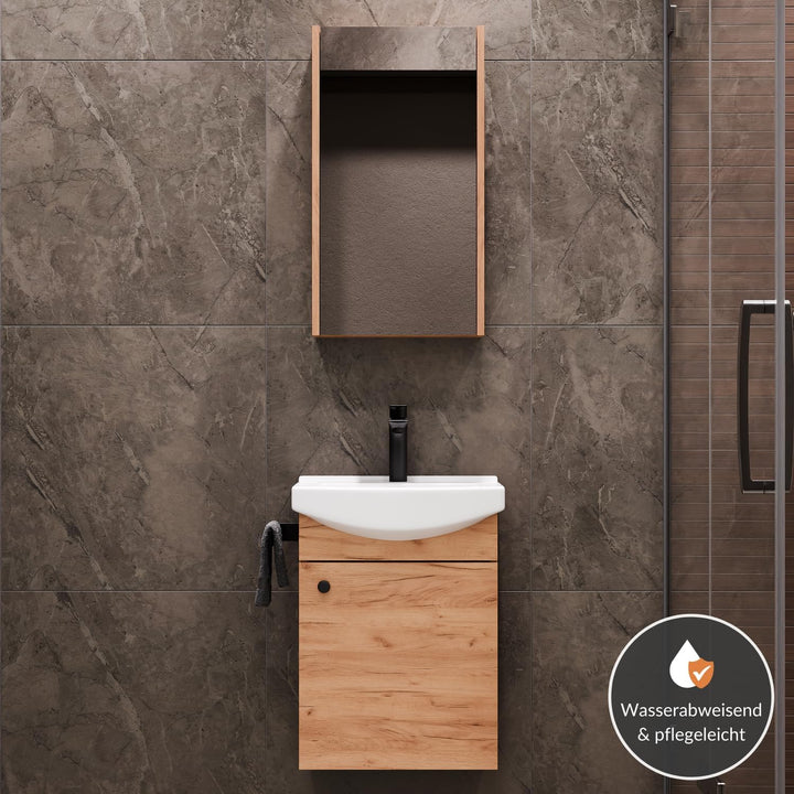 Planetmöbel Badmöbel Set aus Waschtisch + Waschbecken + Spiegelschrank, Gäste Bad WC, Farbe Gold Eic