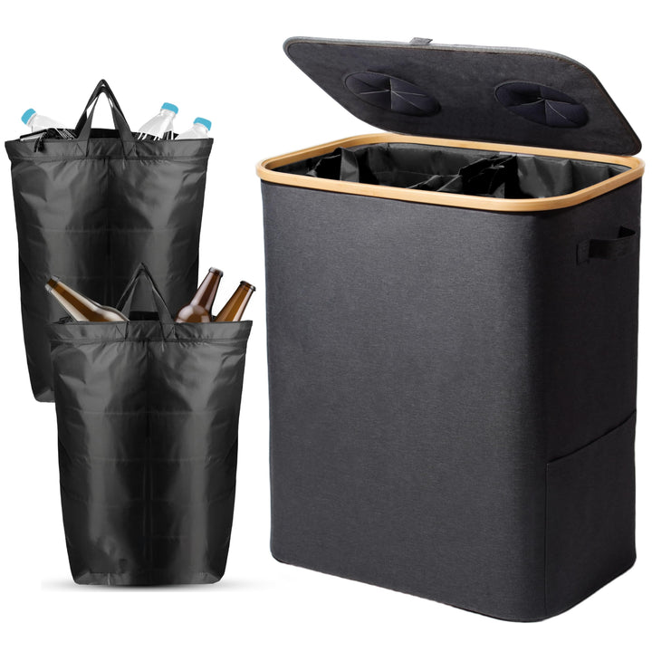 140L Pfandflaschen Sammelbehälter mit Deckel & XXL Tragetaschen, Flaschensammler für Leergut & Altgl
