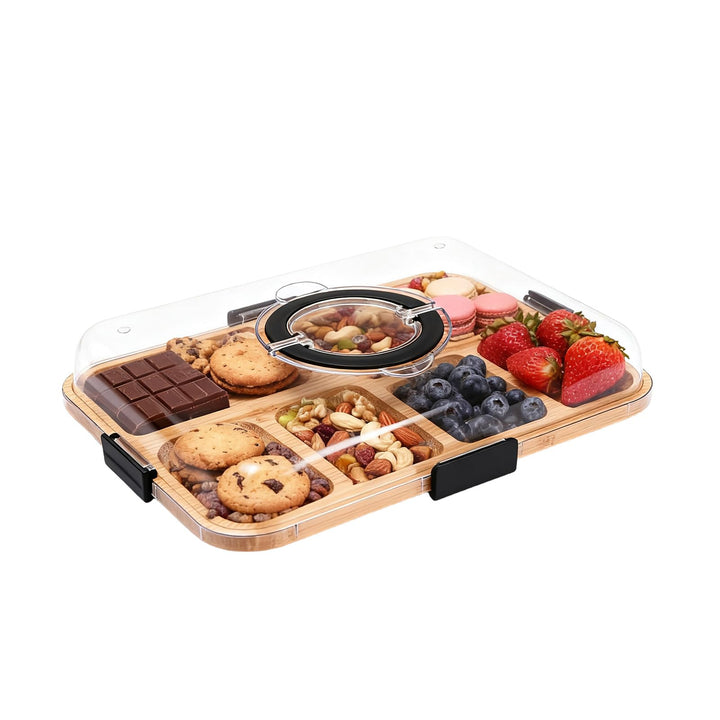 Charcuterie Board mit Deckel – Tragbares Snackbrett mit 6 Fächern & Transparentem Deckel – Reversibl