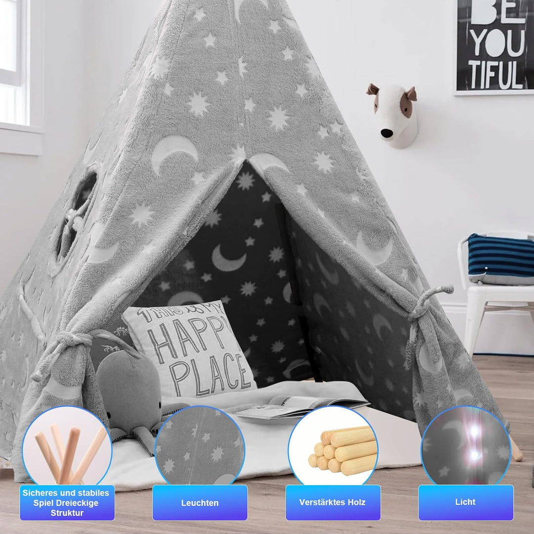 Tipi Zelt für Kinder, Tragbares Tipi Spielzelt,Drinnen Tipi Kinderzelt Grau, Grau