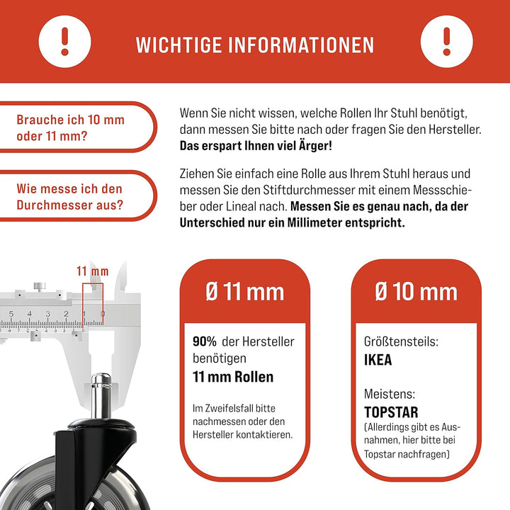 5x Bürostuhl Rollen 10mm leise & kratzerfrei - Universal Schreibtischstuhl Hartbodenrollen ideal für
