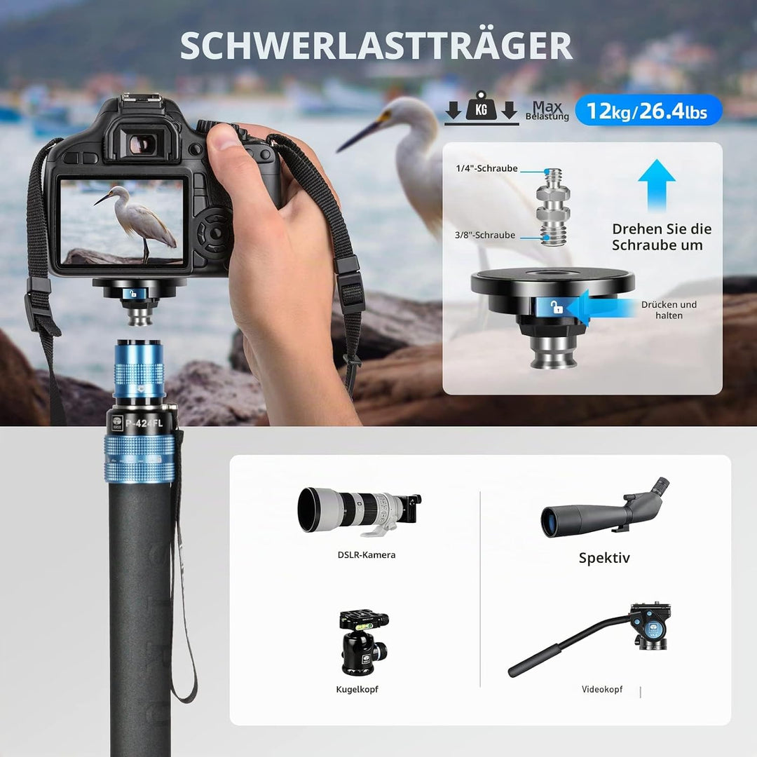SIRUI P-424FL Kamera Einbeinstativ, 190cm Heavy Duty Carbon Fiber Foto Video Einbeinstativ, 4-Sectio