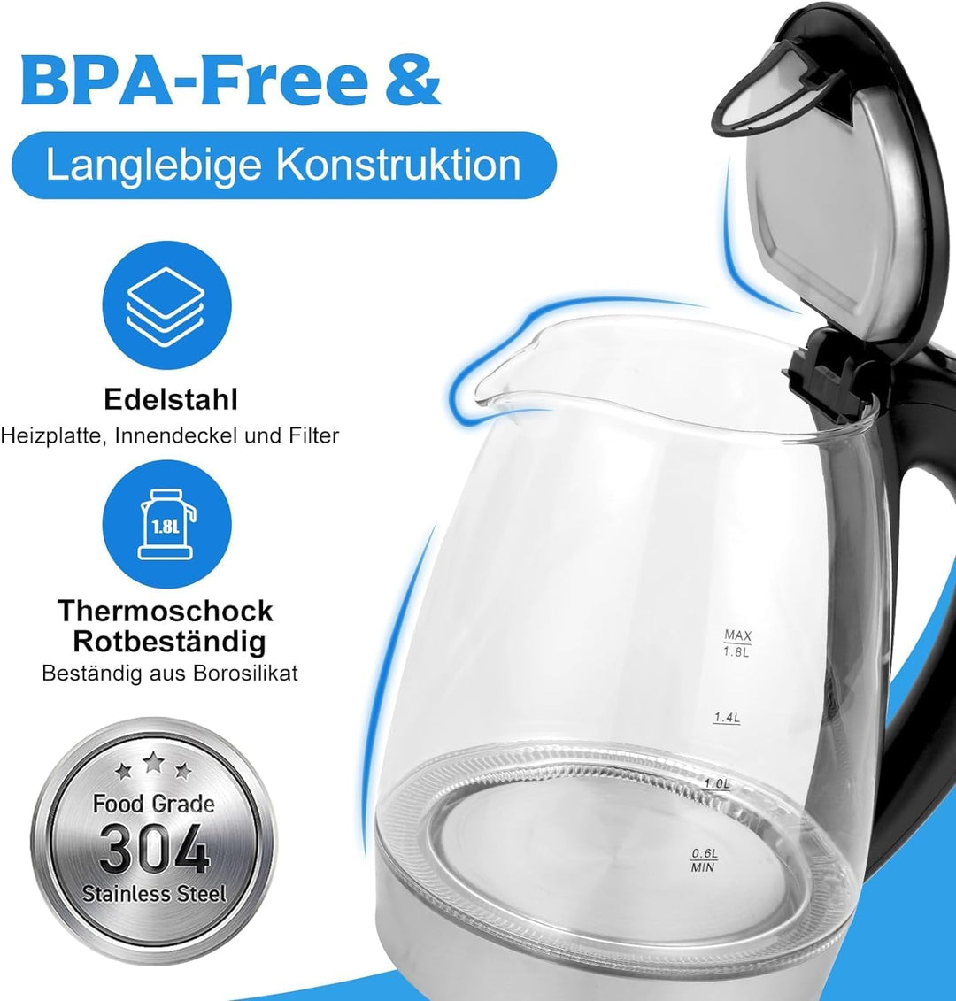 1,8 Liter Edelstahl Wasserkocher Glas mit blau LED, 2300 Watt Schnelles Aufheizen Glas Wasserkocher