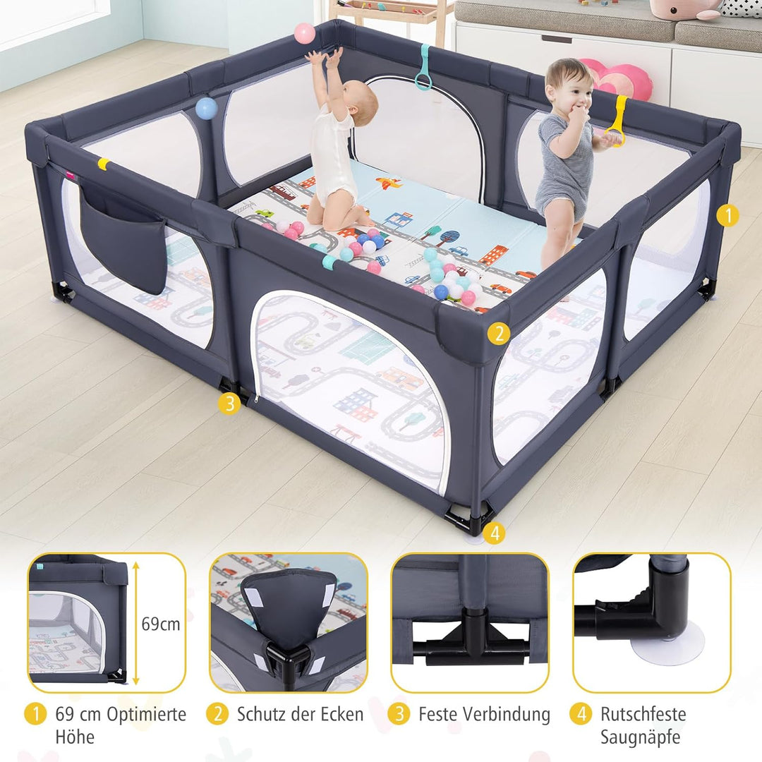GOPLUS 189x158 cm Laufstall Baby, Laufgitter mit atmungsaktiver Netz, 4 Reissverschlusstür, Tragetas