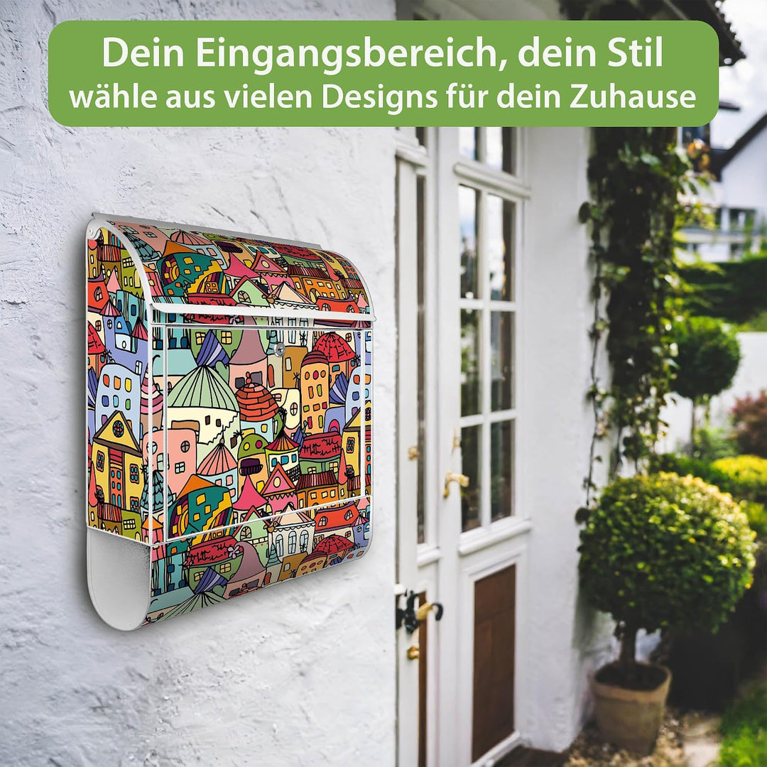 banjado® Design Briefkasten mit Motiv Funky Town 39x47x14cm &amp; 2 Schlüssel - Briefkasten Stahl weiss