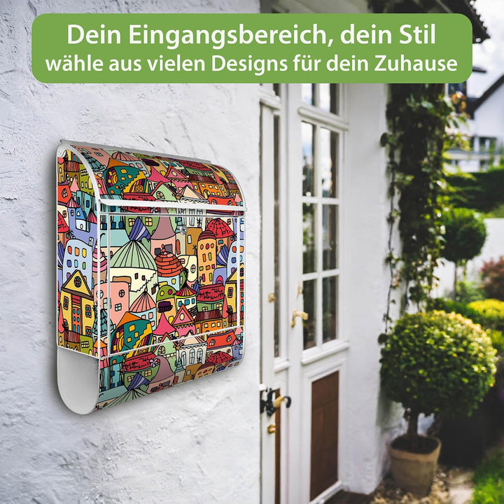 banjado® Design Briefkasten mit Motiv Funky Town 39x47x14cm &amp; 2 Schlüssel - Briefkasten Stahl weiss