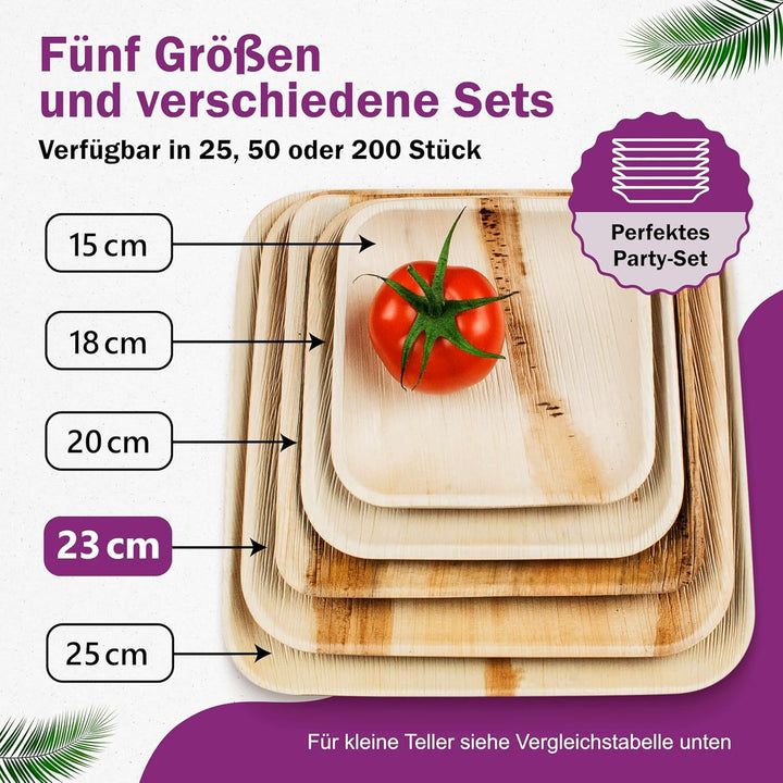 Waipur Bio Palmblatt Geschirr - 200 Teller eckig 23x23 cm - Premium Einweg Geschirr kompostierbar -