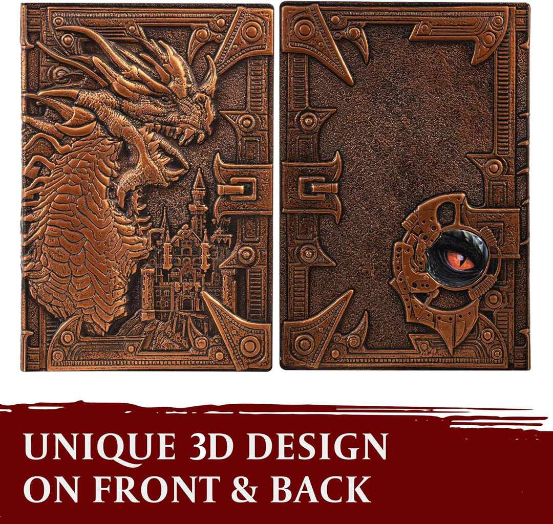 D&D Notizbuch – RPG Journal/Notebook mit 3D Bronze Drache Motiv im Kunstledereinband mit Stift. Noti