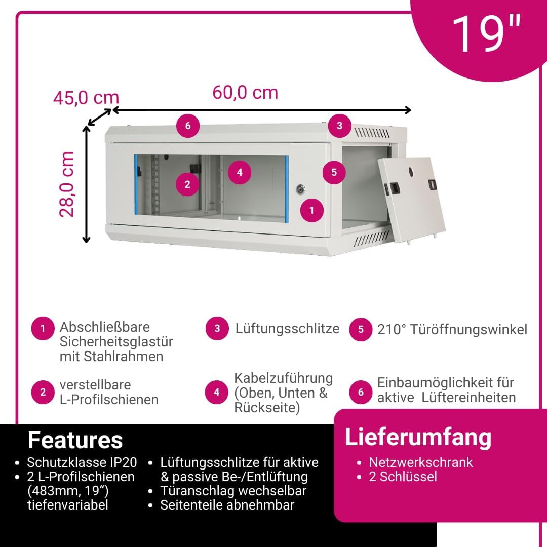 Koscom Connect Netzwerkschrank 4 HE I Serverschrank 19 Zoll I Wandmontage 600 x 450 x 280 mm I voll