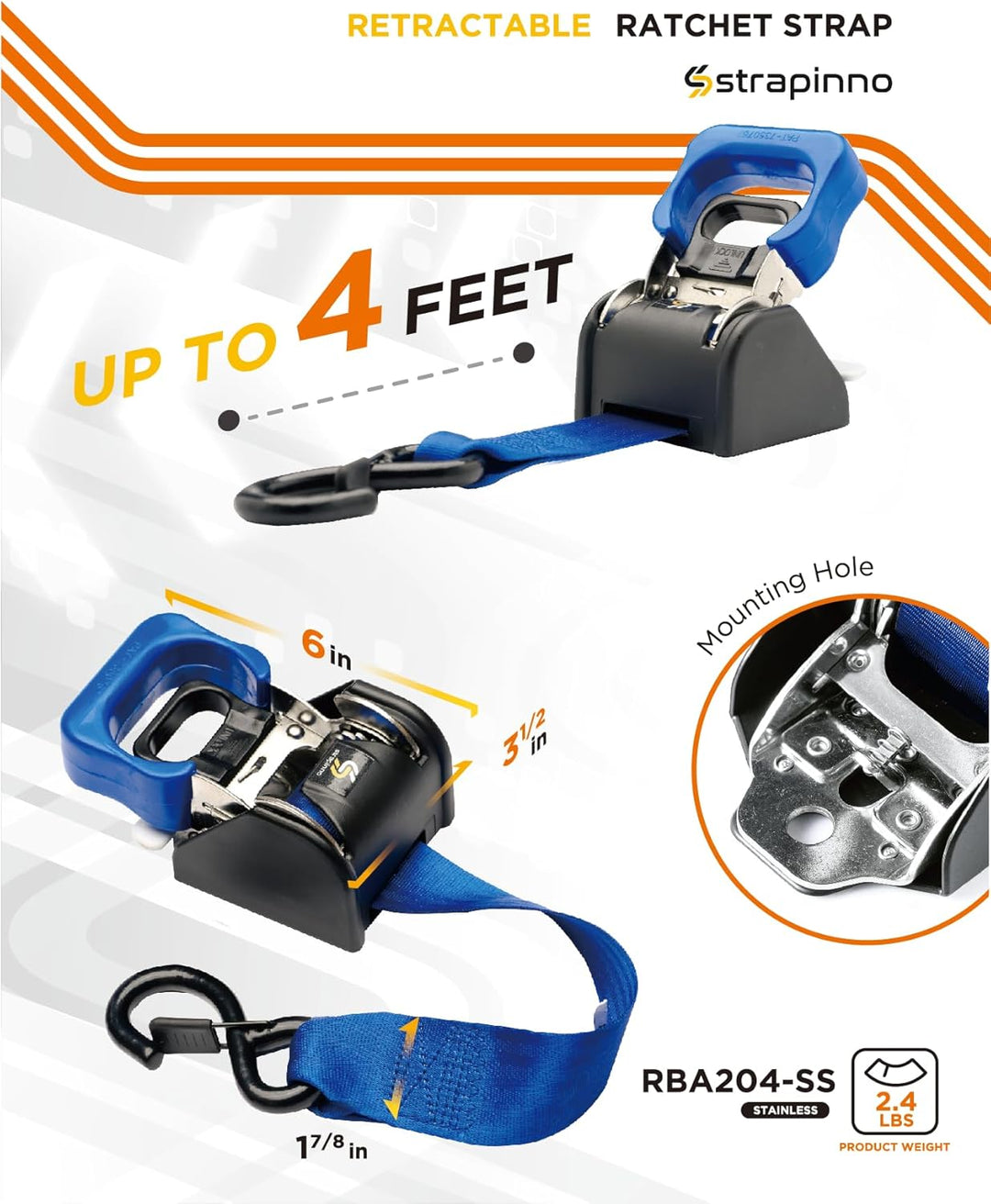 Strapinno 2 x einziehbare Ratschengurte aus Edelstahl (4,5 cm x 1,2 m), Heckspanngurte für Bootsanhä