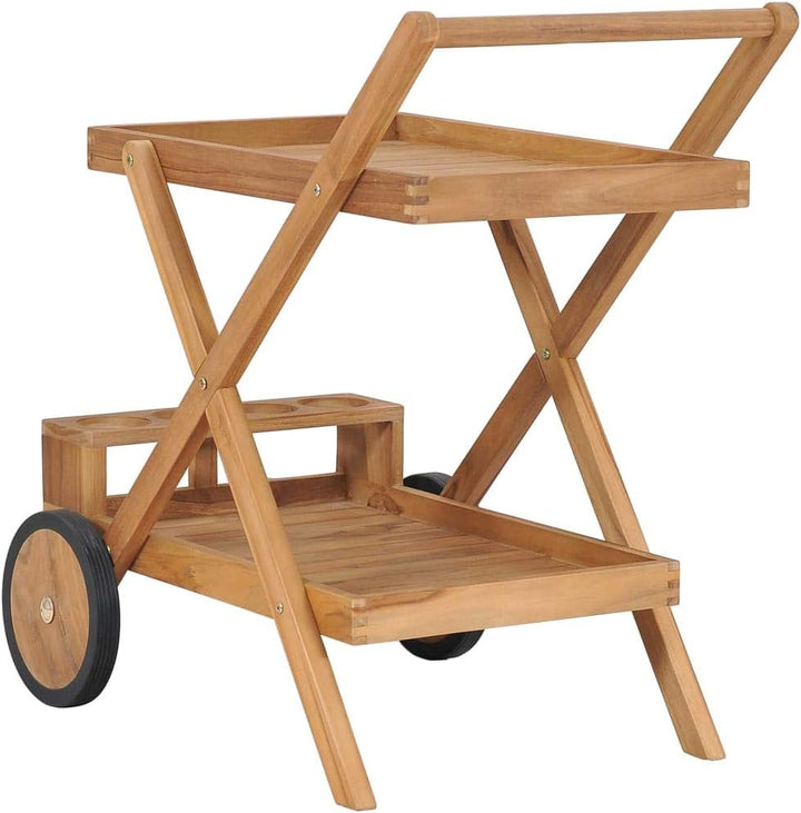 Teewagen Massivholz Teak mit Ablageflächen und Flaschenhalter, kompakter Servierwagen aus robustem T